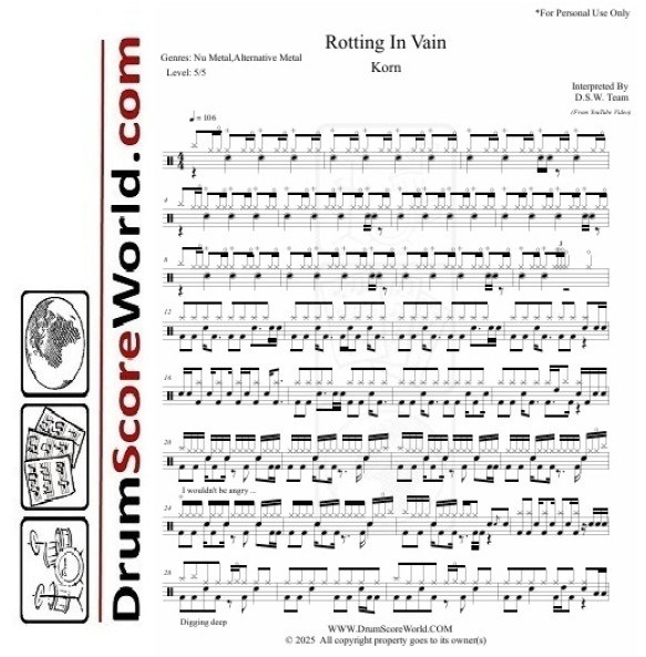 Korn - Rotting In Vain - Drum Sheet